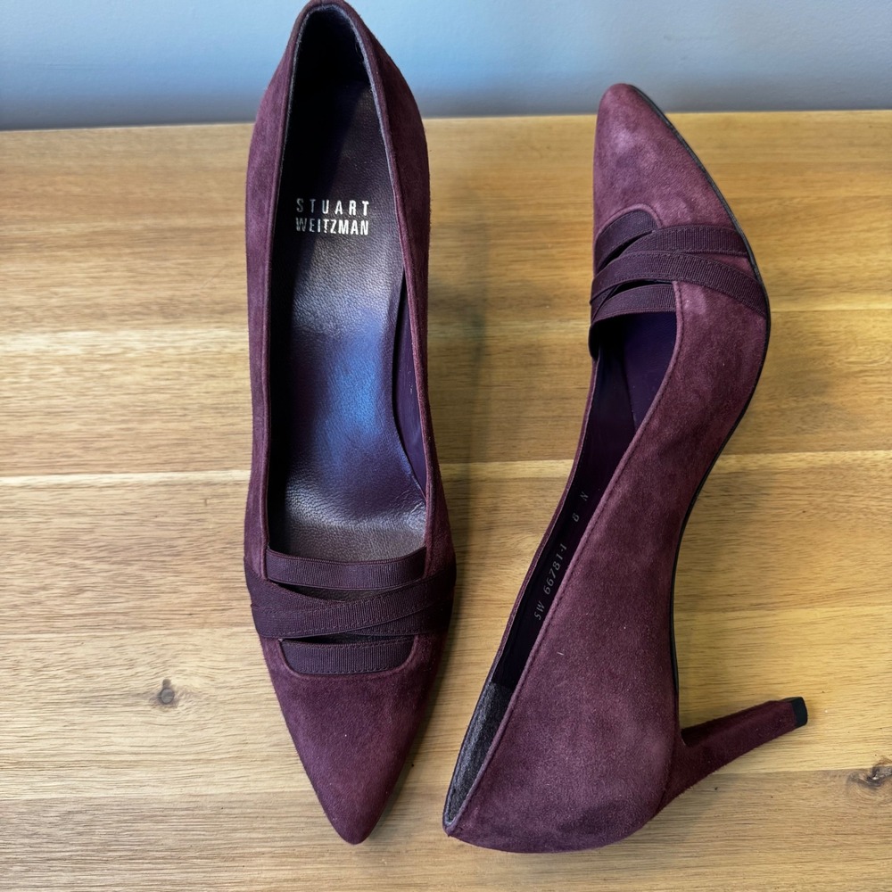 Stuart Weitzman Women 8 N Burgundy Suede Pointed Toe Pumps Strappy Heels Chic